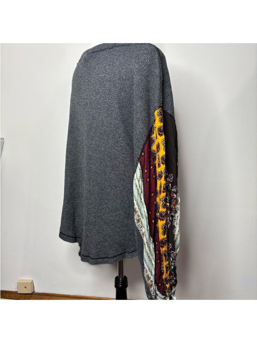 We The Free Charcoal Top with Patterned Fabric Insert Balloon Sleeves
